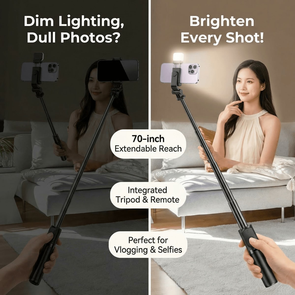 70 Inch Extendable Selfie Stic - огляд і ціна Photography Lighting Wireless